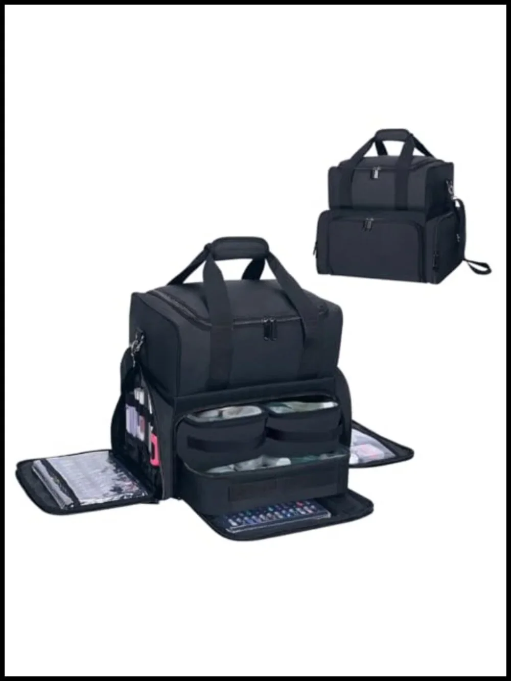 Large Double Layer Travel Makeup Bag with Removable Cases & Dividers, Polyester